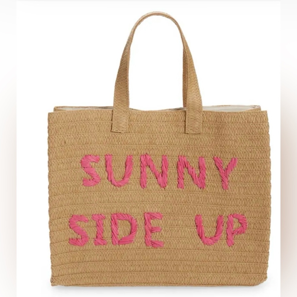 NWT BTB LOS ANGELES Sunny Side Up Straw Tote In Sand/ Fuchsia